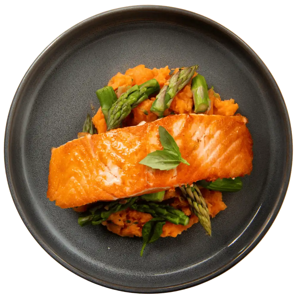 Afvallen - Gebakken Zalm, Zoete Aardappel Puree, Groene Asperges thumbnail 1